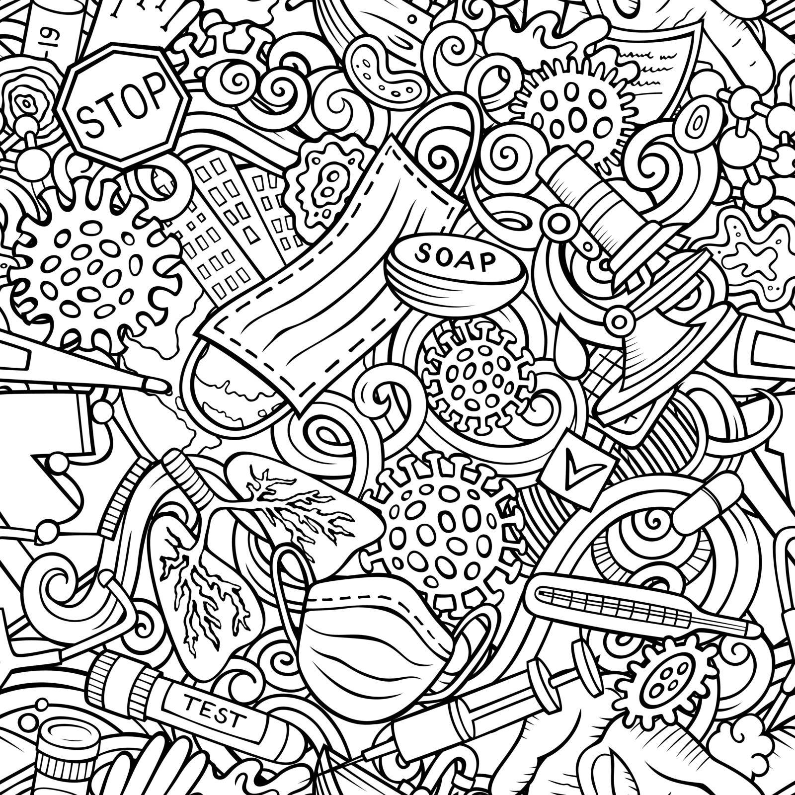 Cartoon cute doodles hand drawn Epidemic seamless pattern. by balabolka