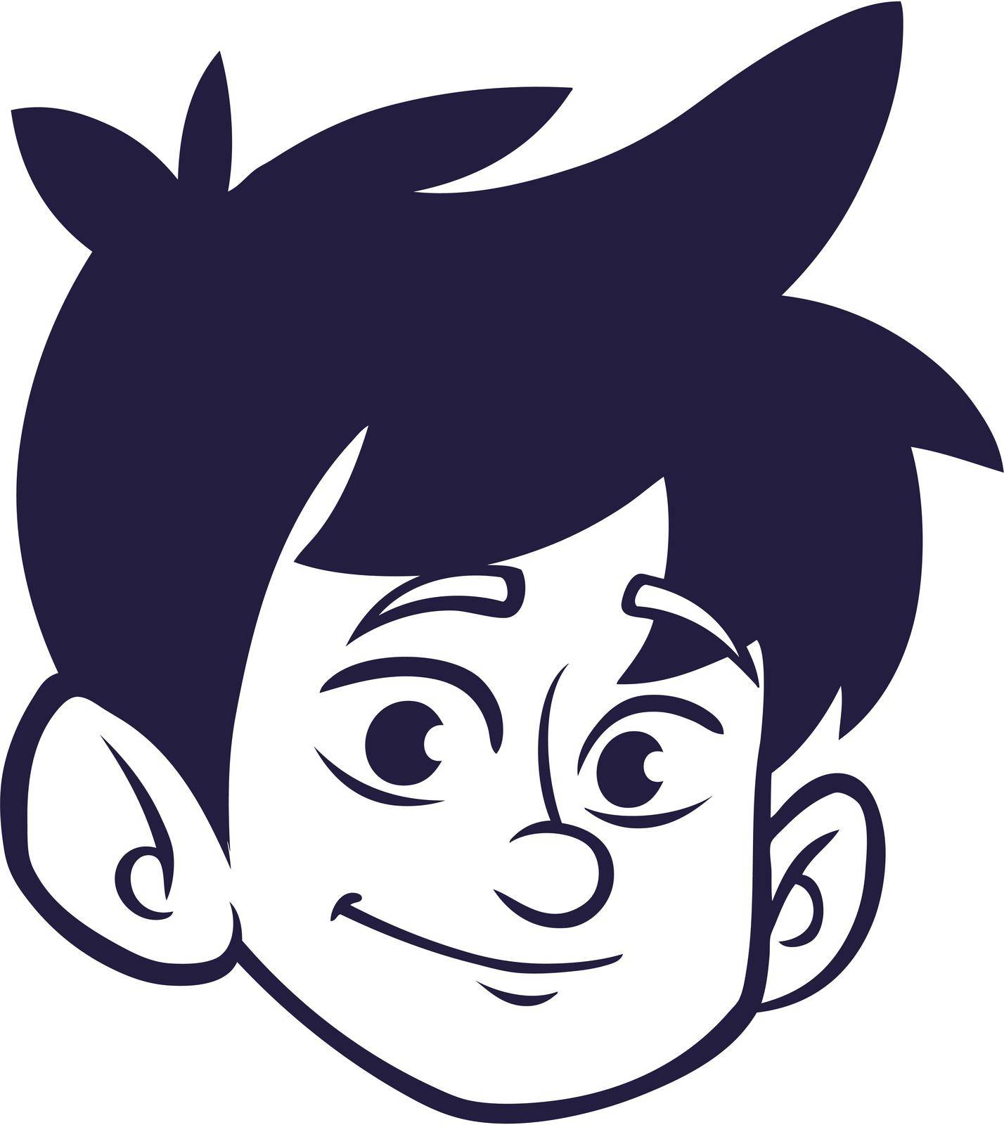Happy cartoon boy head outline. Vector illustration for coloring book of a small boy emblem by drawkman