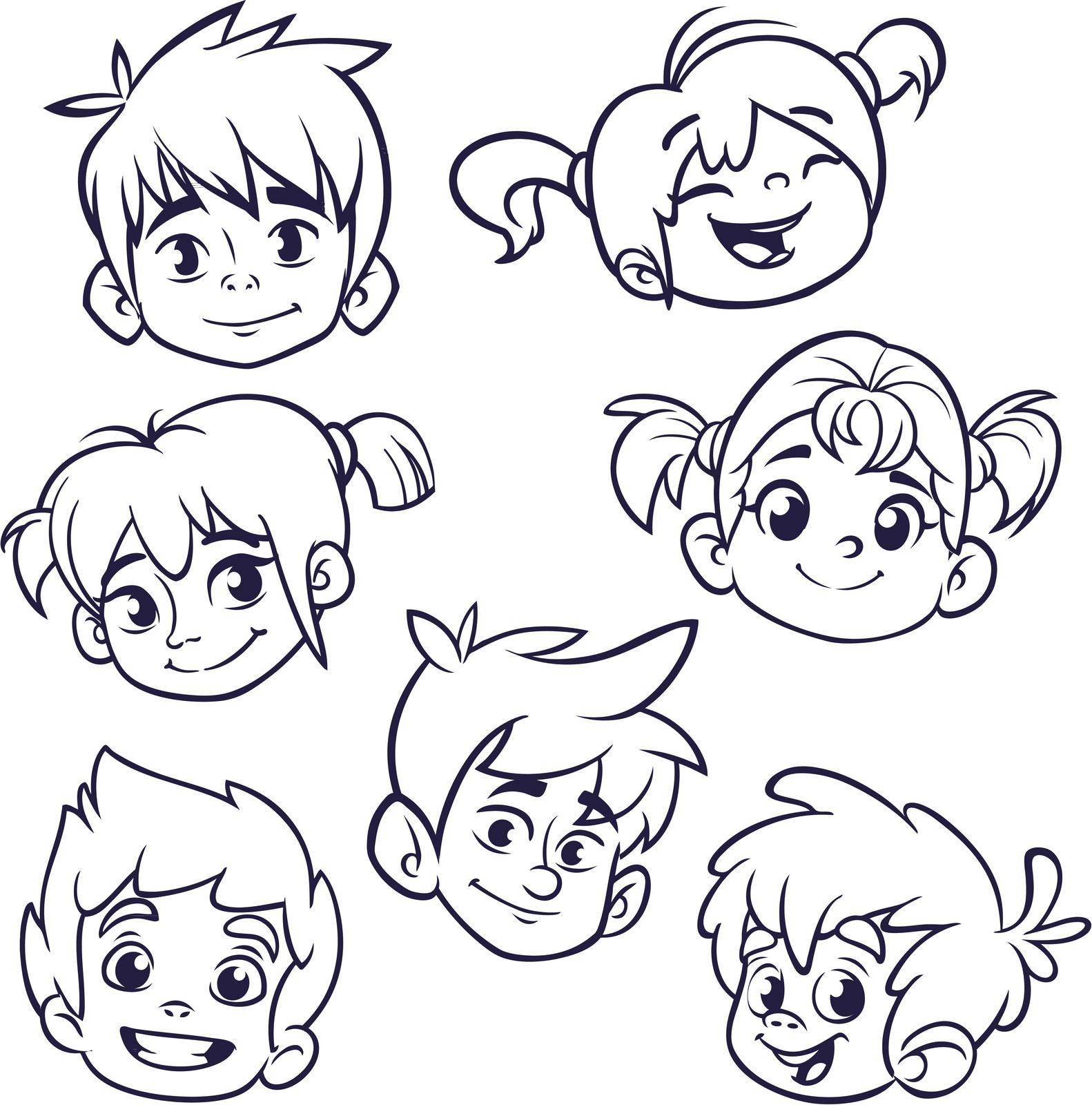 Cartoon child face icons. Vector set of childrens or teenagers heads outlined. Cutout illustration