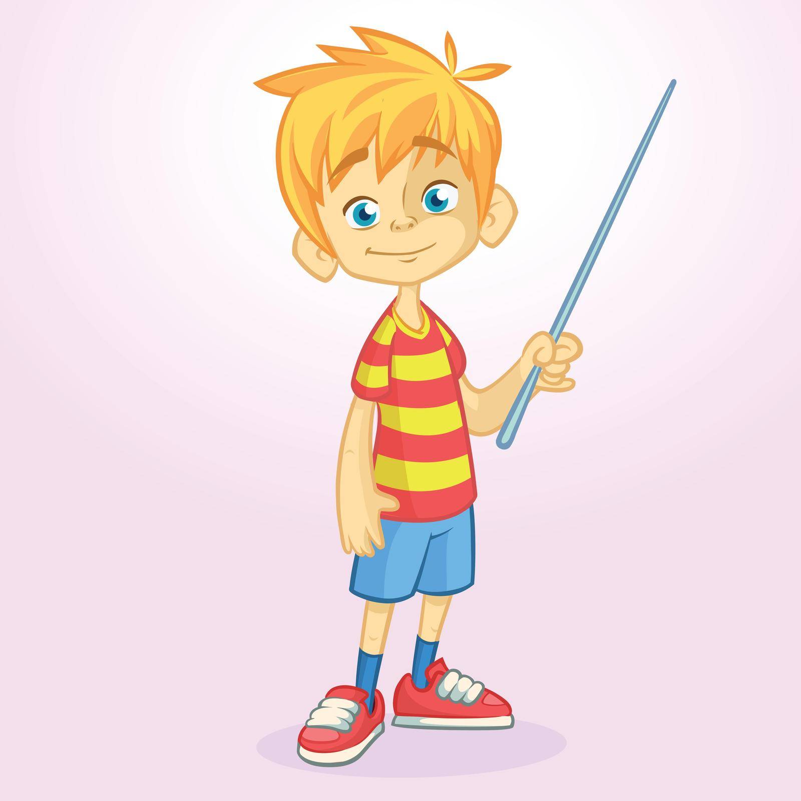 Cartoon little boy in shorts and striped t-shirt. Vector illustration of a funny make presentation with pointer by drawkman