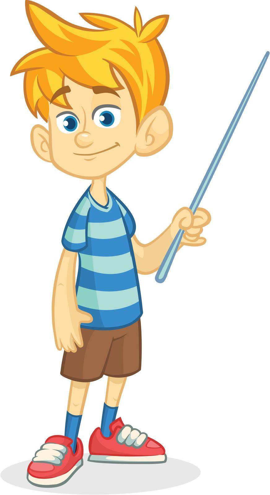 Cartoon little boy in shorts and striped t-shirt. Vector illustration of a funny make presentation with pointer