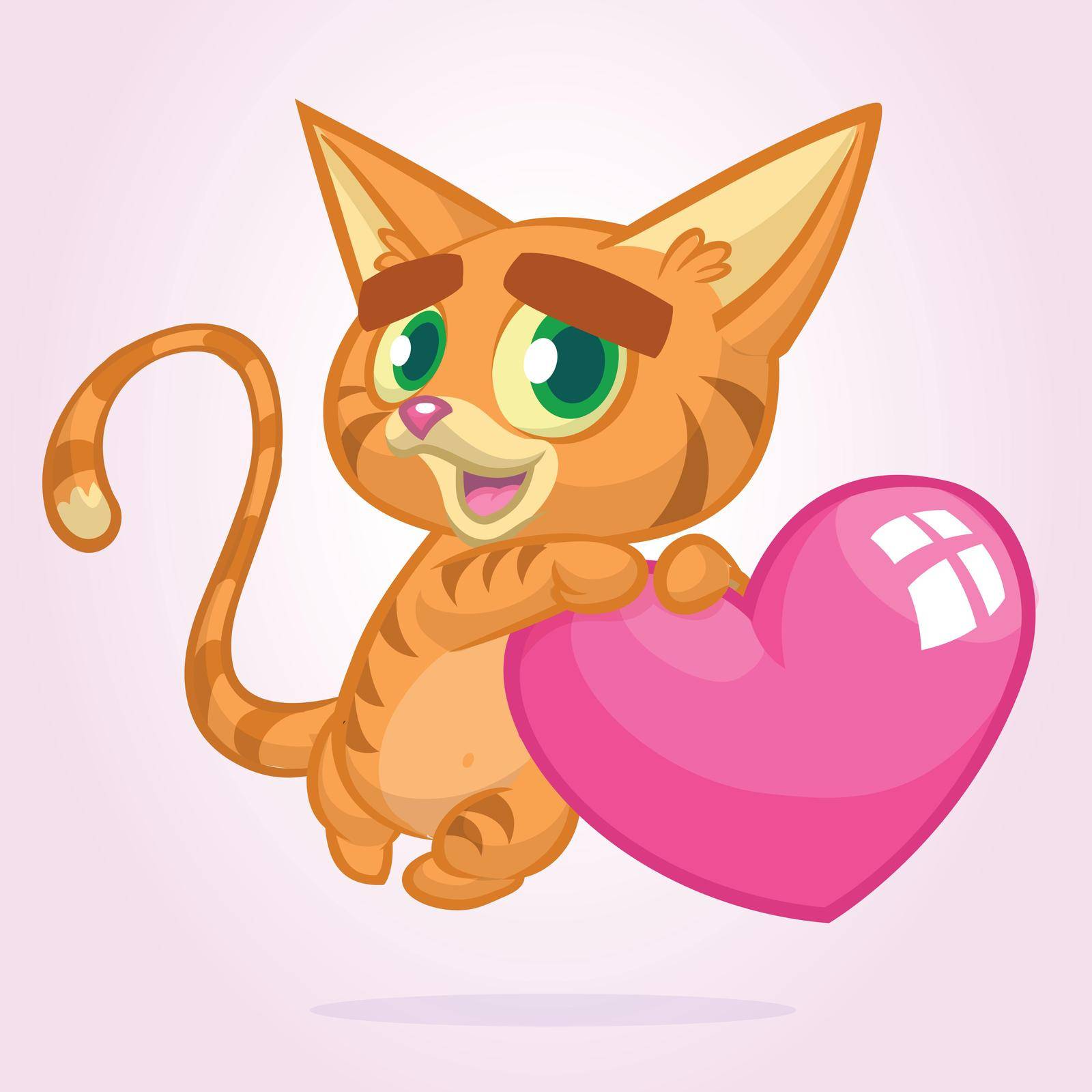 Cartoon funny kitty holding a heart love. Vector illustration for St Valentines Day. Isolated