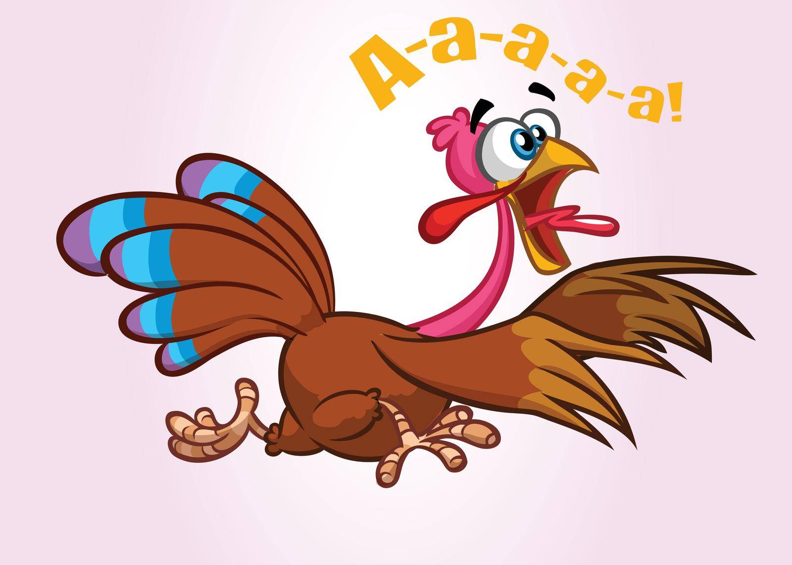 Screaming running cartoon turkey bird character. Vector illustration