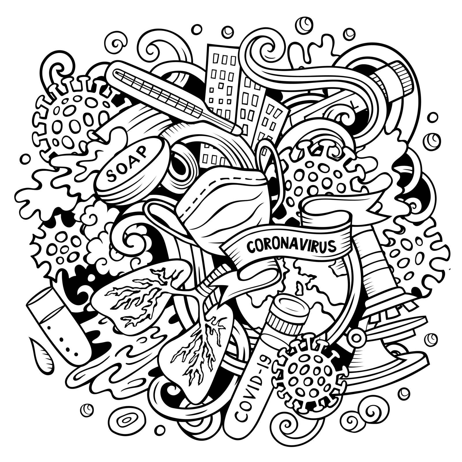 Cartoon vector doodles Coronavirus illustration. Sketchy, detailed, with lots of objects background. All objects separate. Line art epidemic picture