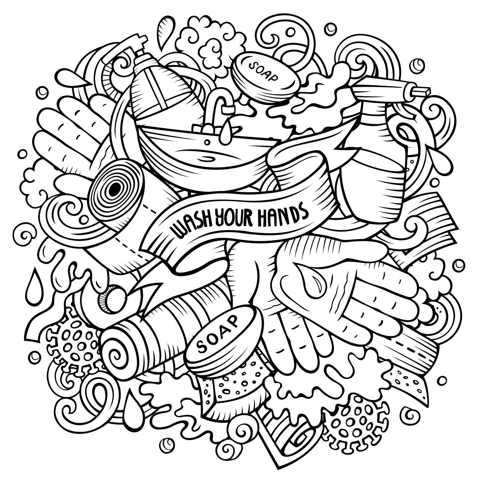 Cartoon vector doodles Wash Your Hands illustration. Sketchy, detailed, with lots of objects background. All objects separate. Line art epidemic picture