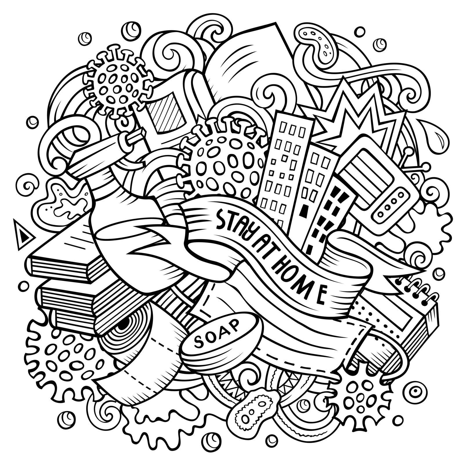 Cartoon vector doodles Stay at Home illustration. Line art, detailed, with lots of objects background. All objects separate. Sketchy epidemic picture