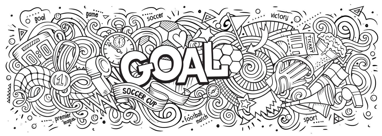 Cartoon cute doodles Goal word. Colorful horizontal illustration. Background with lots of separate objects. Funny vector artwork