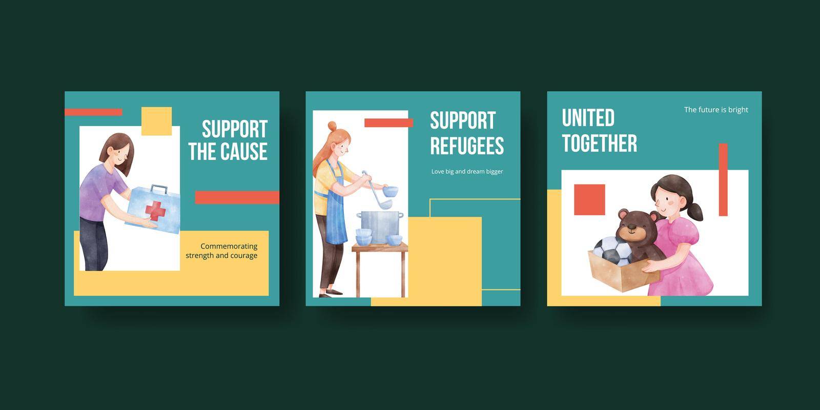 Banner template with humanitary aid refugees concept,watercolor