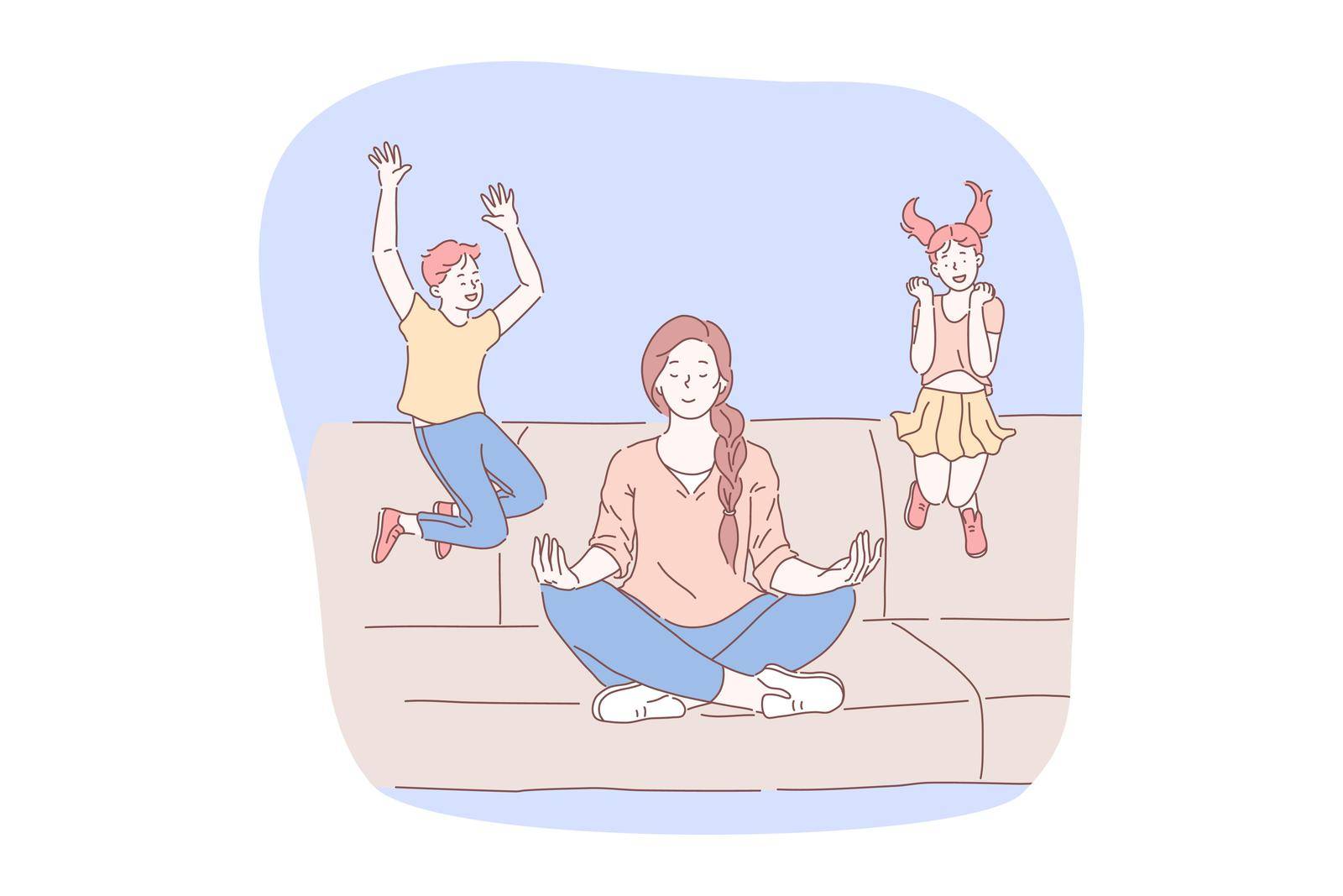 Meditation, relaxation during stress, concentration concept. Young woman mother sitting in lotus position with eyes closed and meditating with jumping and playing on sofa children at background