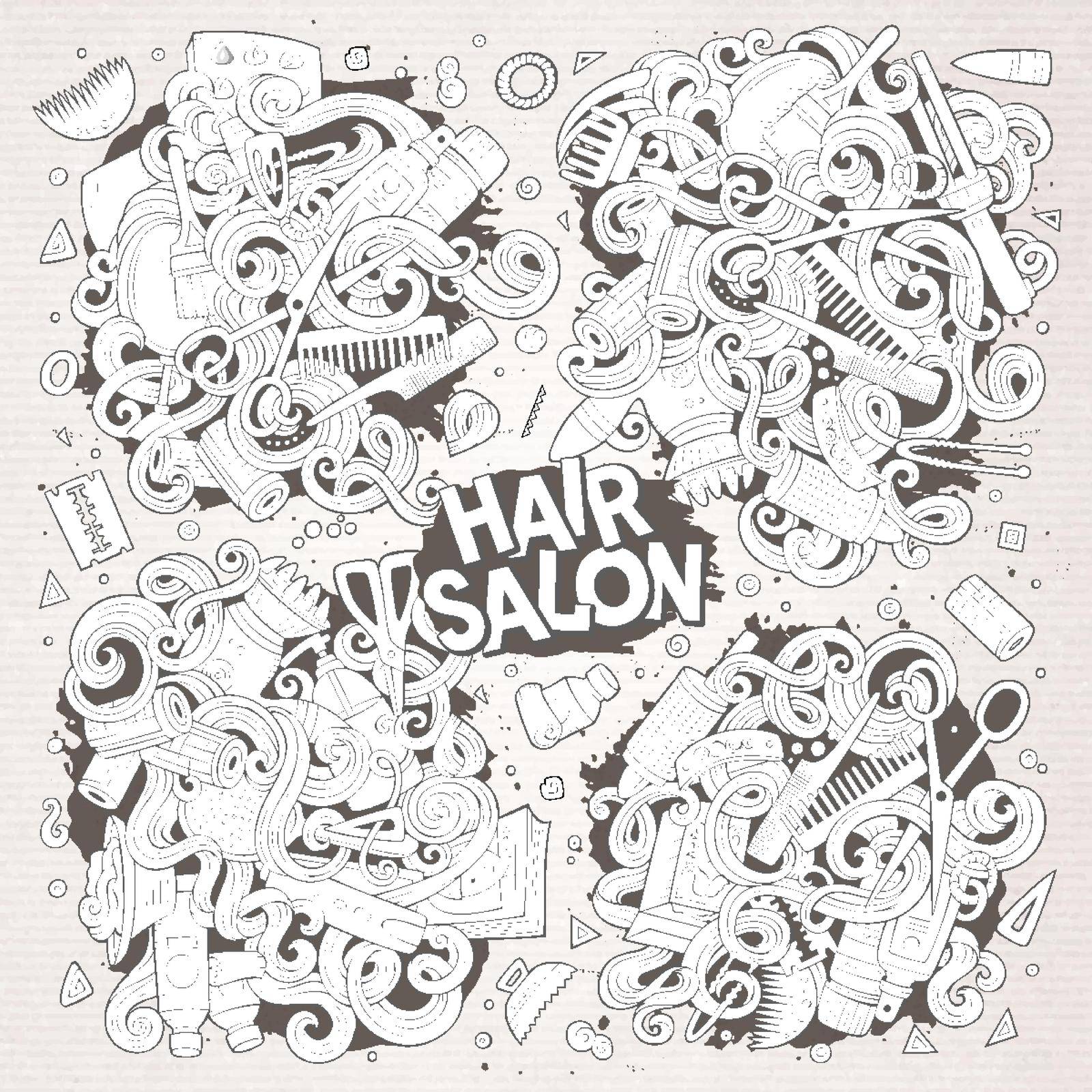 Vector hand drawn doodle cartoon set of Hair salon theme items, objects and symbols. Paper background