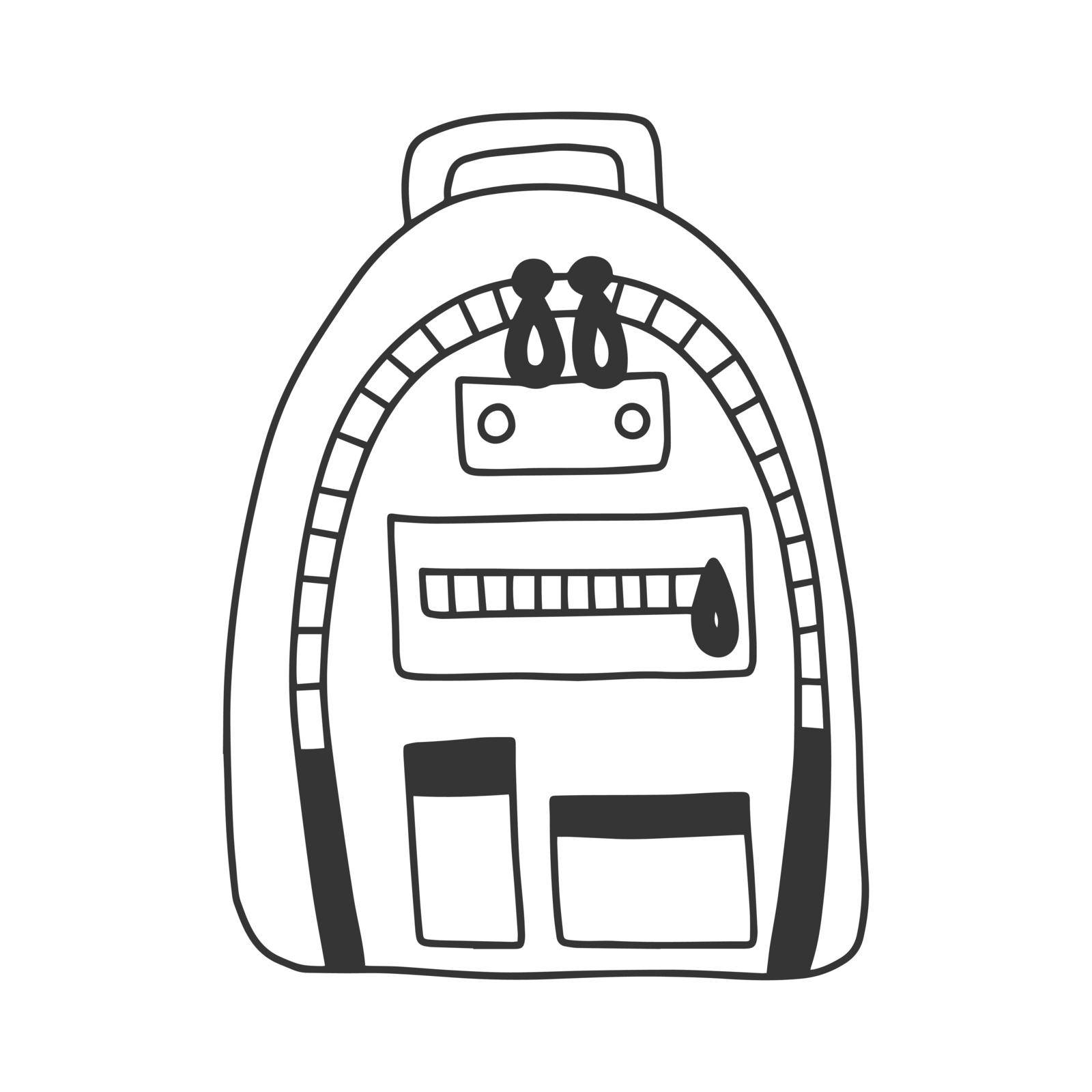 Doodle style backpack. Hand drawn equipment for camping. Vector illustration isolated on a white background.