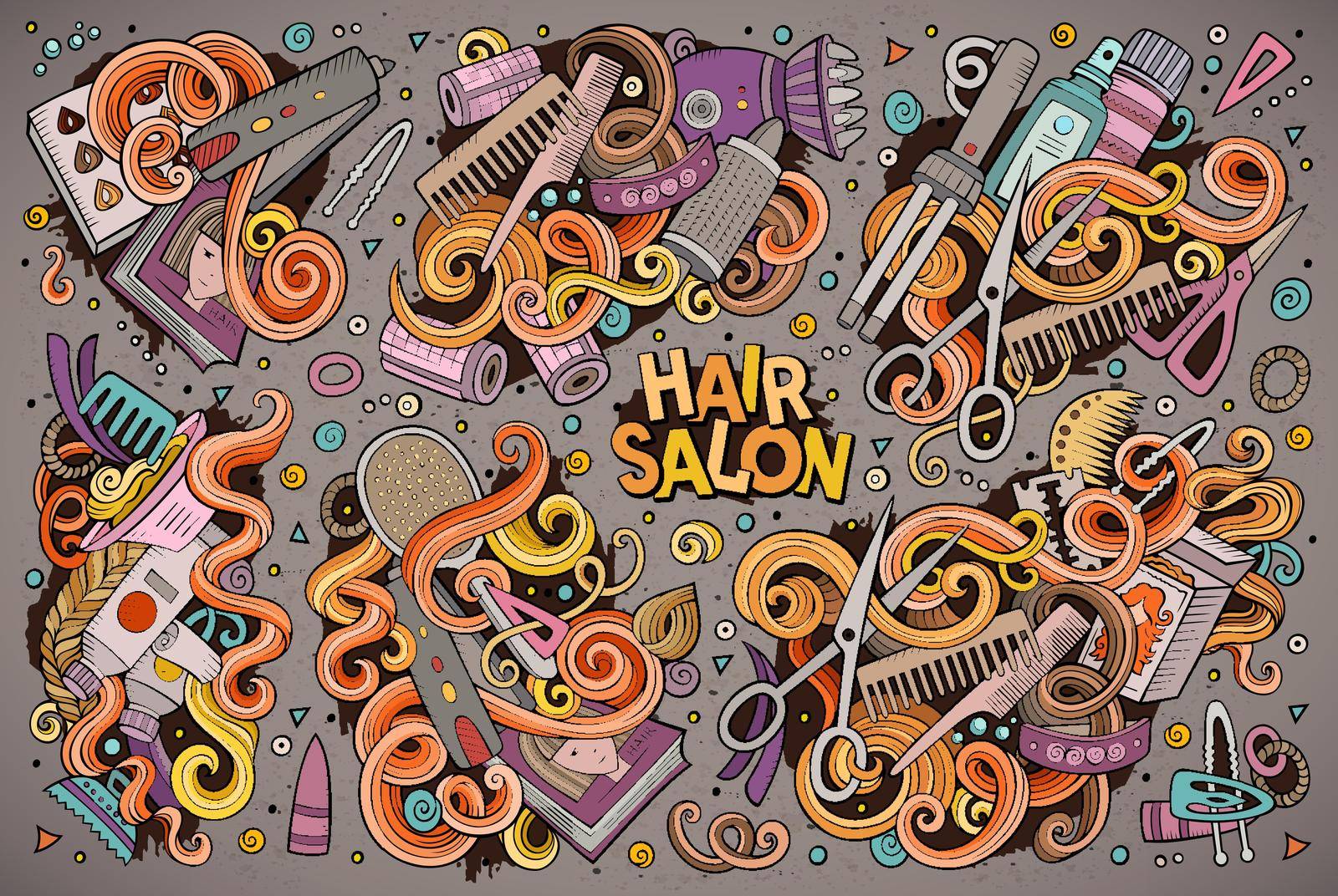 Vector hand drawn doodle cartoon set of Hair salon theme items, objects and symbols