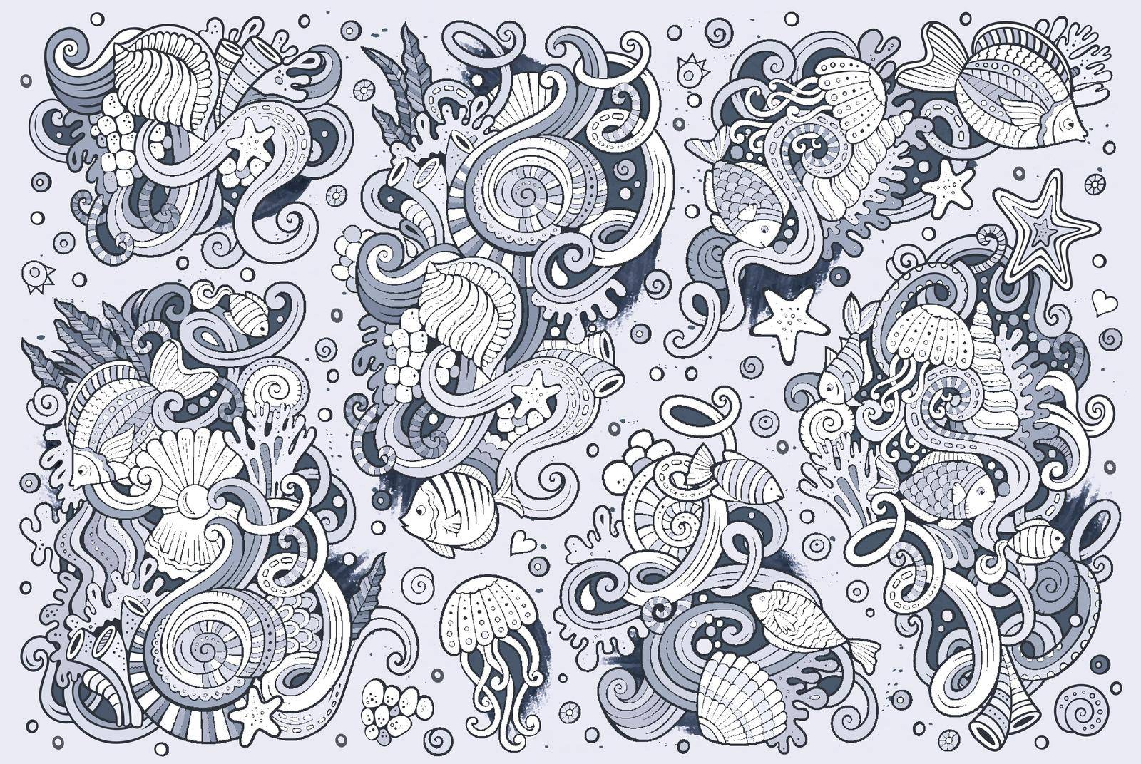 Line art vector hand drawn Doodle cartoon set of marine life objects and symbols