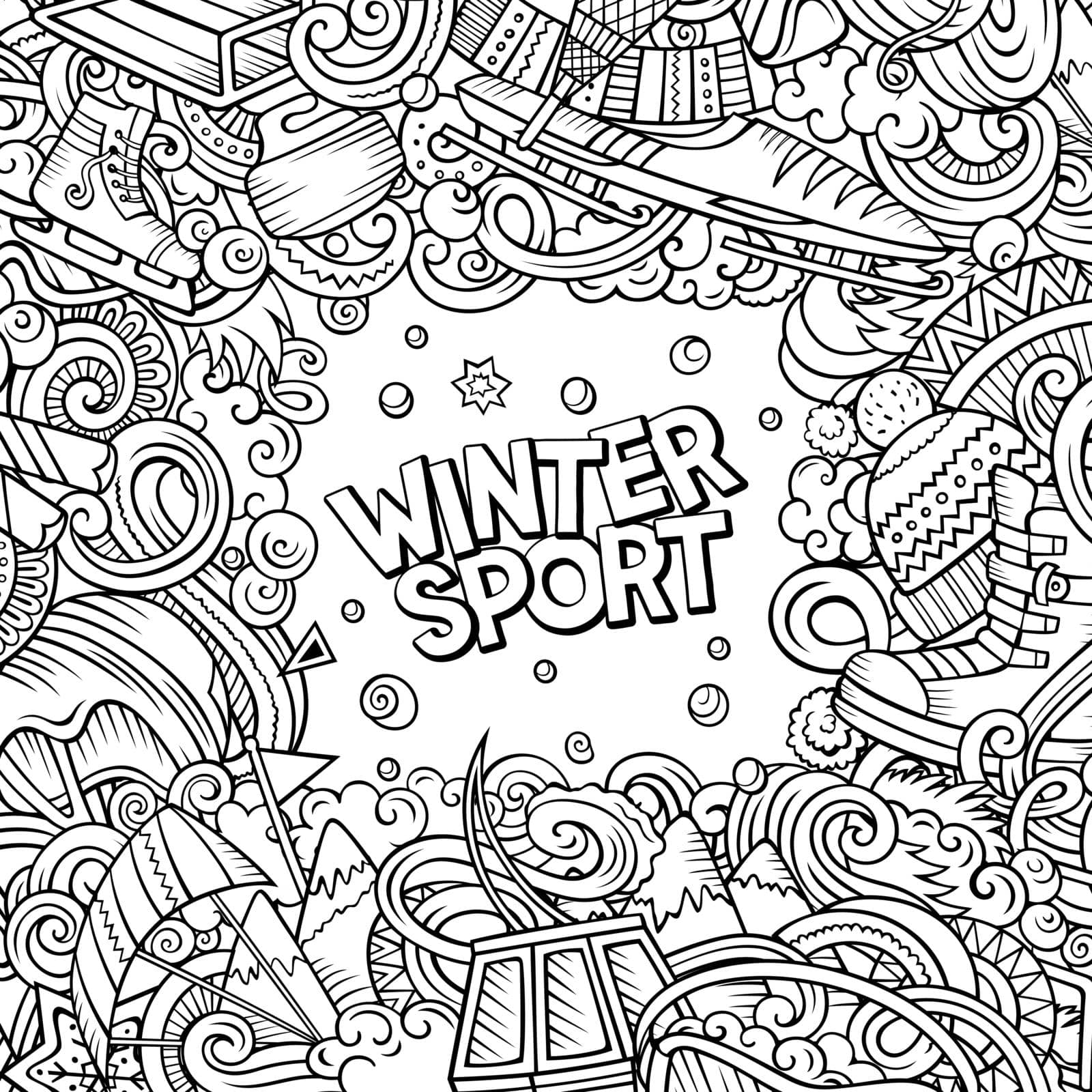 Winter sports hand drawn vector doodles illustration. Ski resort frame card design. Cold season outdoor activities elements and objects cartoon background. Line art funny border