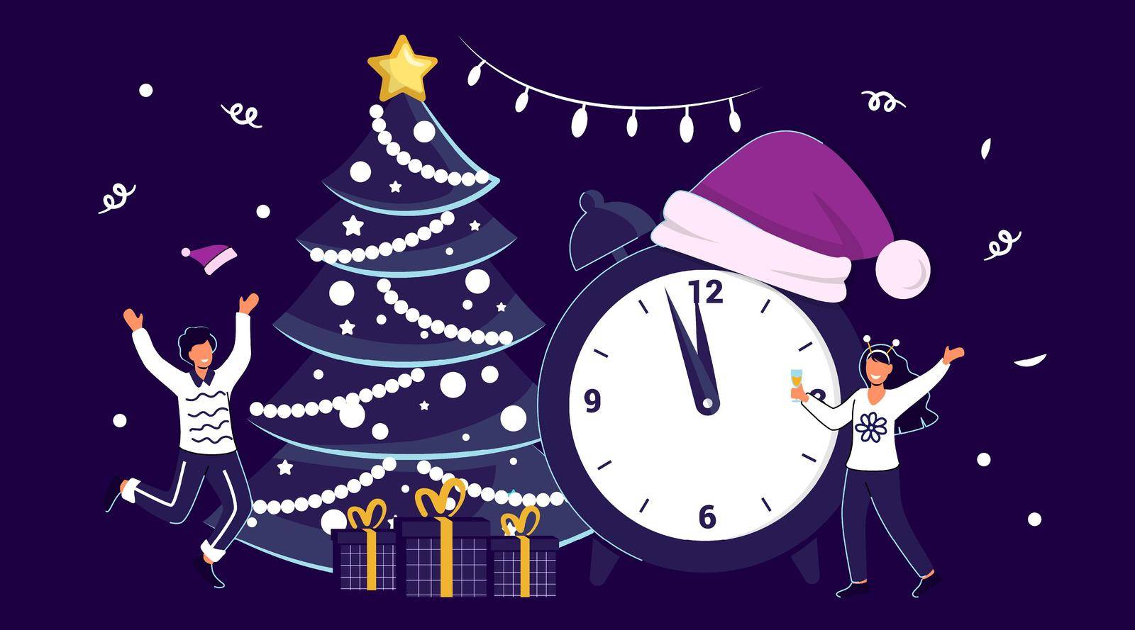 Five minutes before New Years or Christmas Flat tiny family vector illustration Holidays schedule Christmas or New Year countdown. Festive mood with tree decorated for greeting card