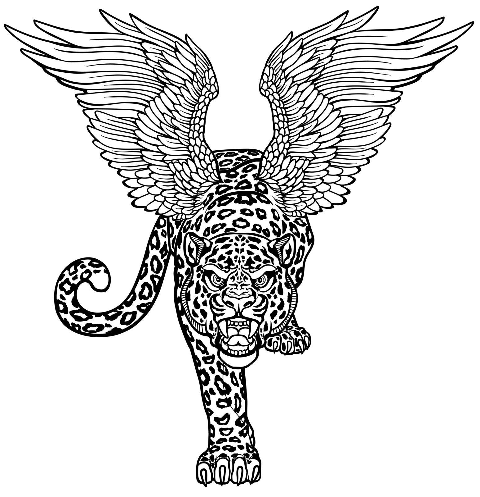 Aq Bars. Legendary winged snow leopard. Mythological big cat with open wings and gaze looking straight. Roaring aggressive creature crawl stalking. Front view. Black white tattoo style vector illustration