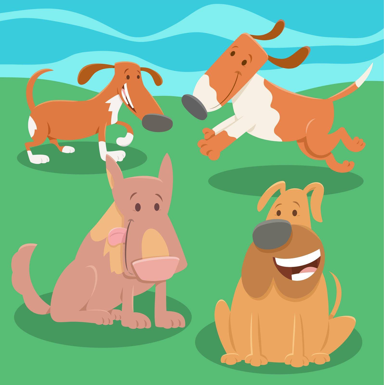 Cartoon illustration of playful dogs animal characters group