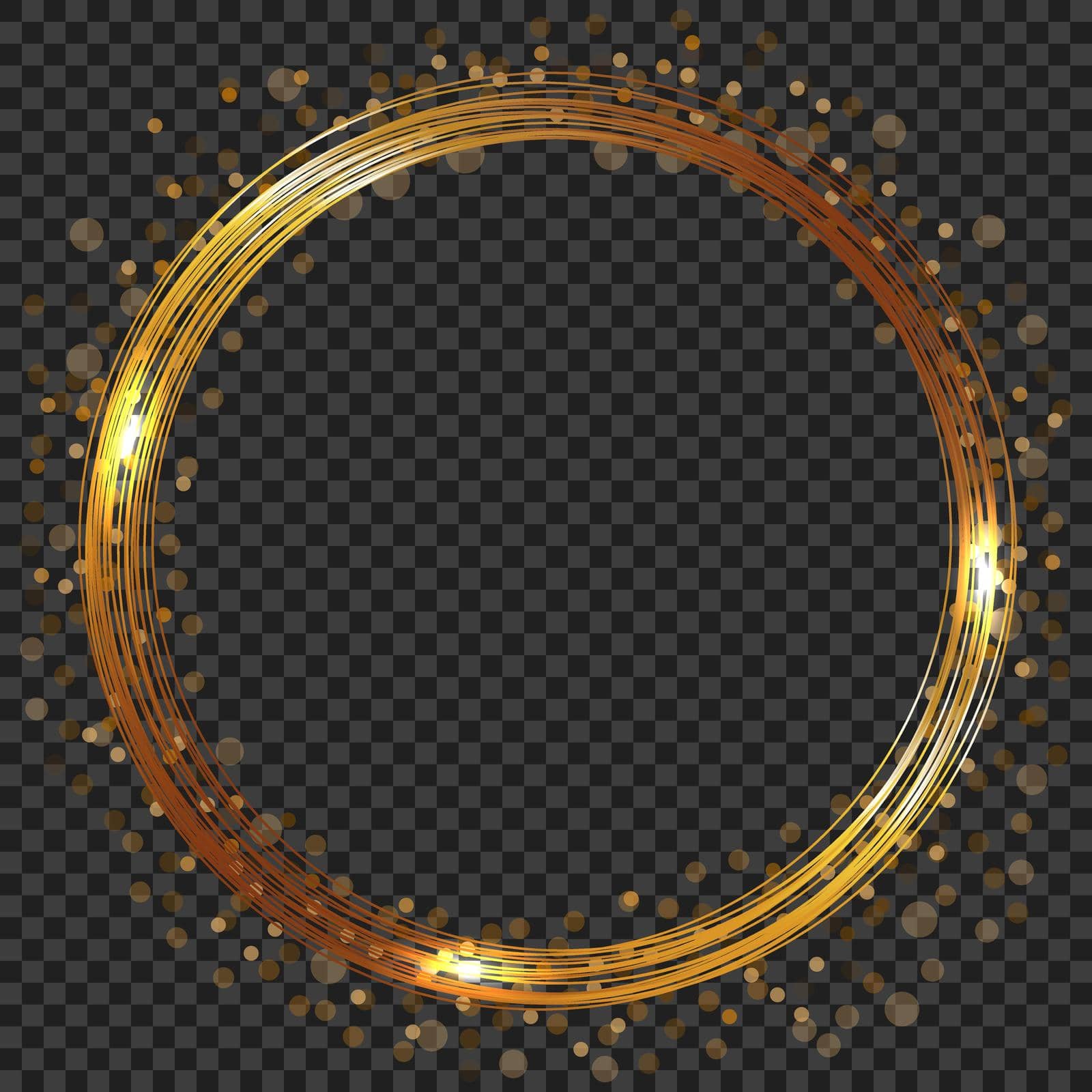 Vector golden frame with lights effects. Shining rectangle banner. Isolated on black background.