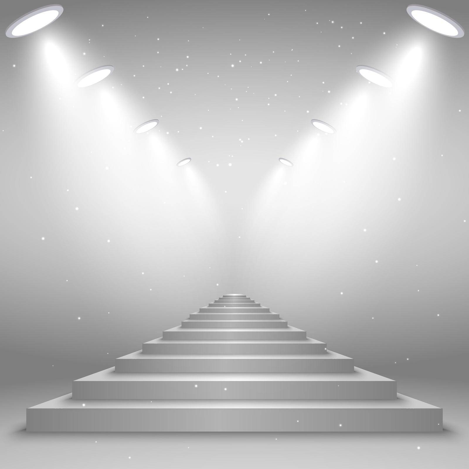 White stairs illuminated by spotlight, realistic vector illustration
