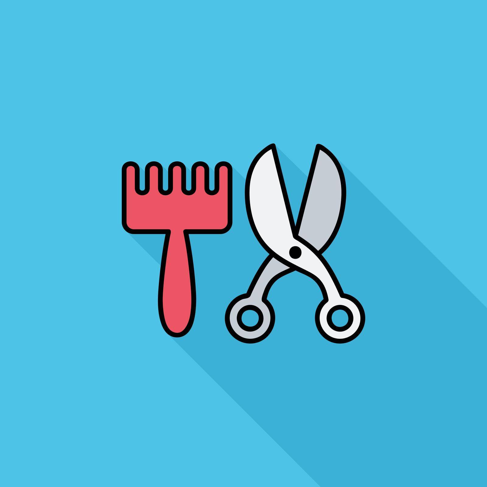 Scissors and comb icon. Flat vector related icon with long shadow for web and mobile applications. It can be used as - logo, pictogram, icon, infographic element. Vector Illustration.