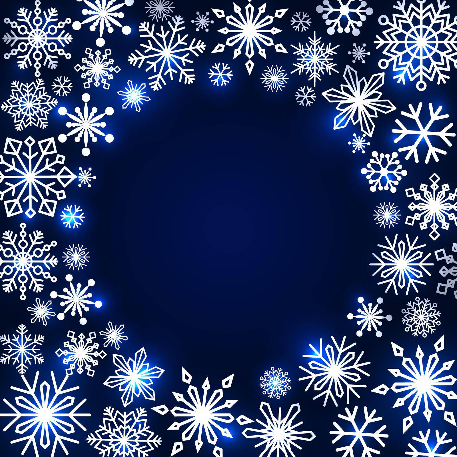 Snowflake frame. Winter theme. New Year's and Christmas. Snowflakes of different shapes and sizes. Vector llustration
