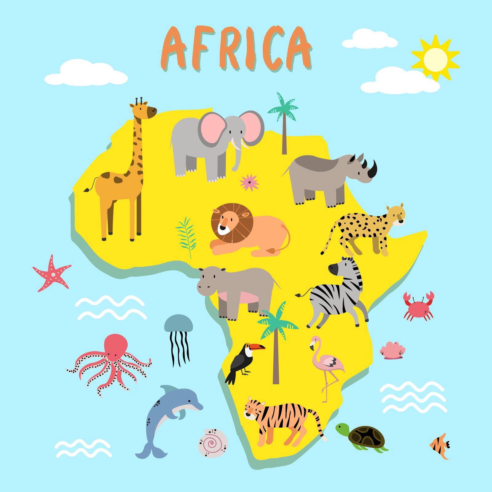 Africa mainland cartoon map with local fauna. Cute african animals flat vector. Savannah predator. Desert species. Jungle wildlife. Atlantic ocean. Nature concept for children book illustrating
