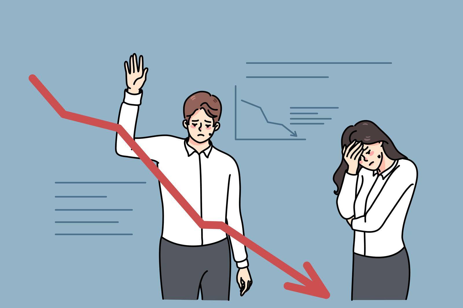 Depressed colleagues having financial problems at work. Unhappy stressed businesspeople draw declining graph experience bankruptcy and profits loss. Finance and banking. Vector illustration.