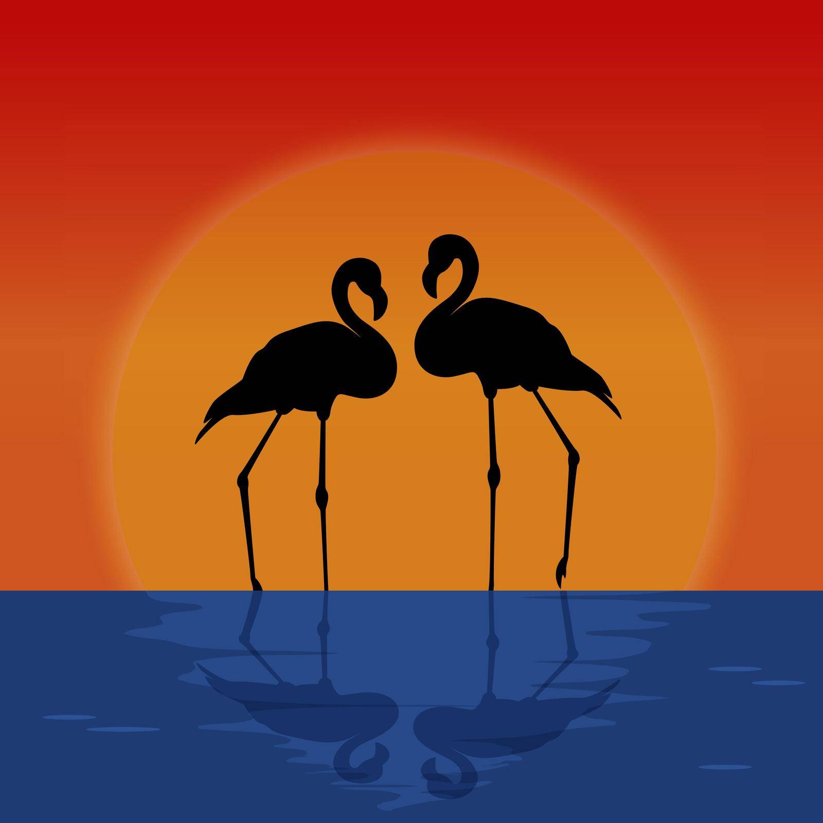 Silhouette pair of flamingos on sunset background. Shadow two tropical birds cartoon. Setting sun is reflected in water. Love concept vector illustration