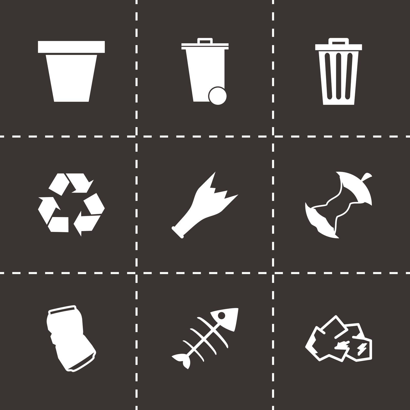 Vector black garbage icons set on black background