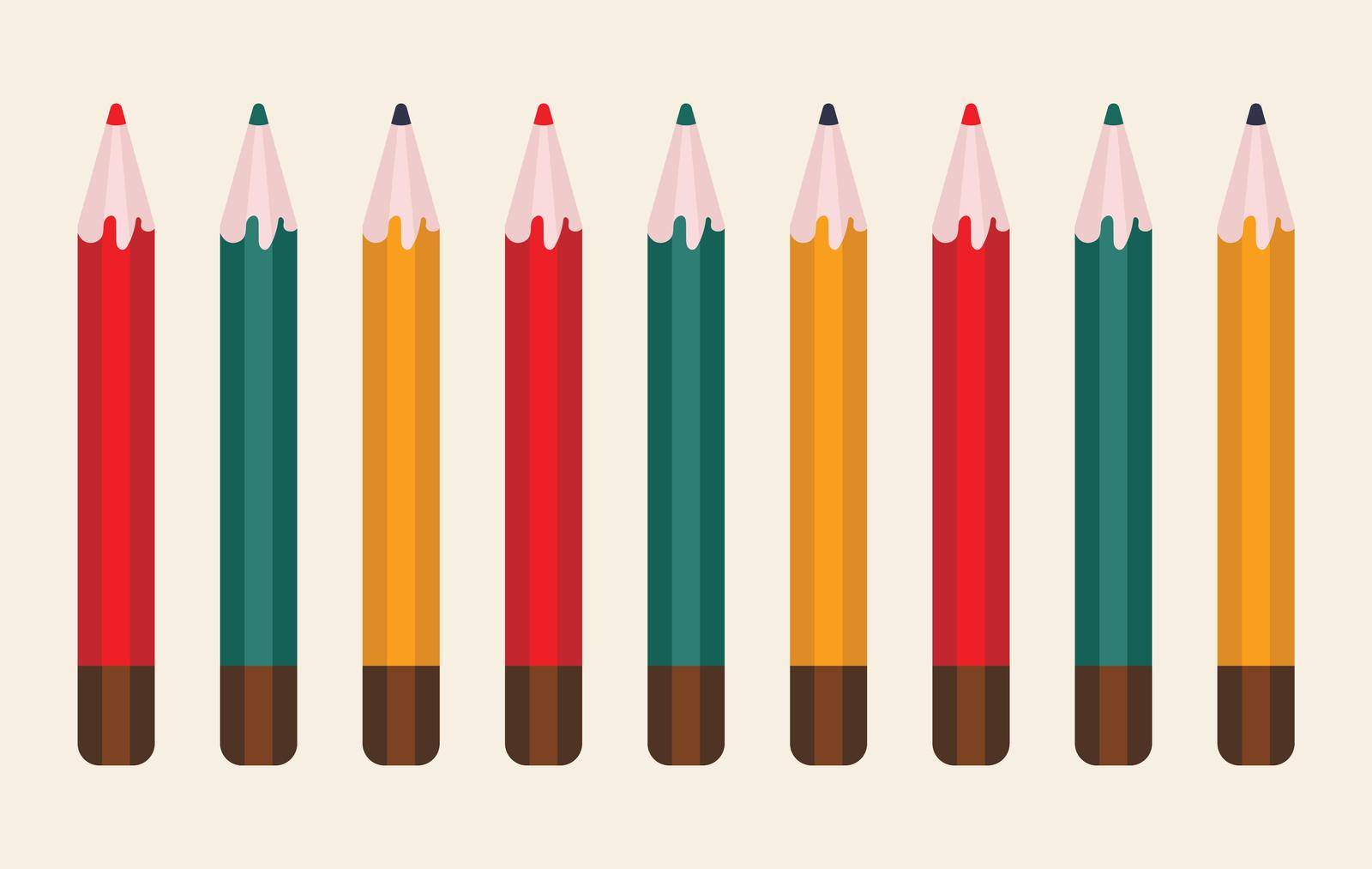 Colorful pencils set in vector design on white background. Supply for elementary school pupil education