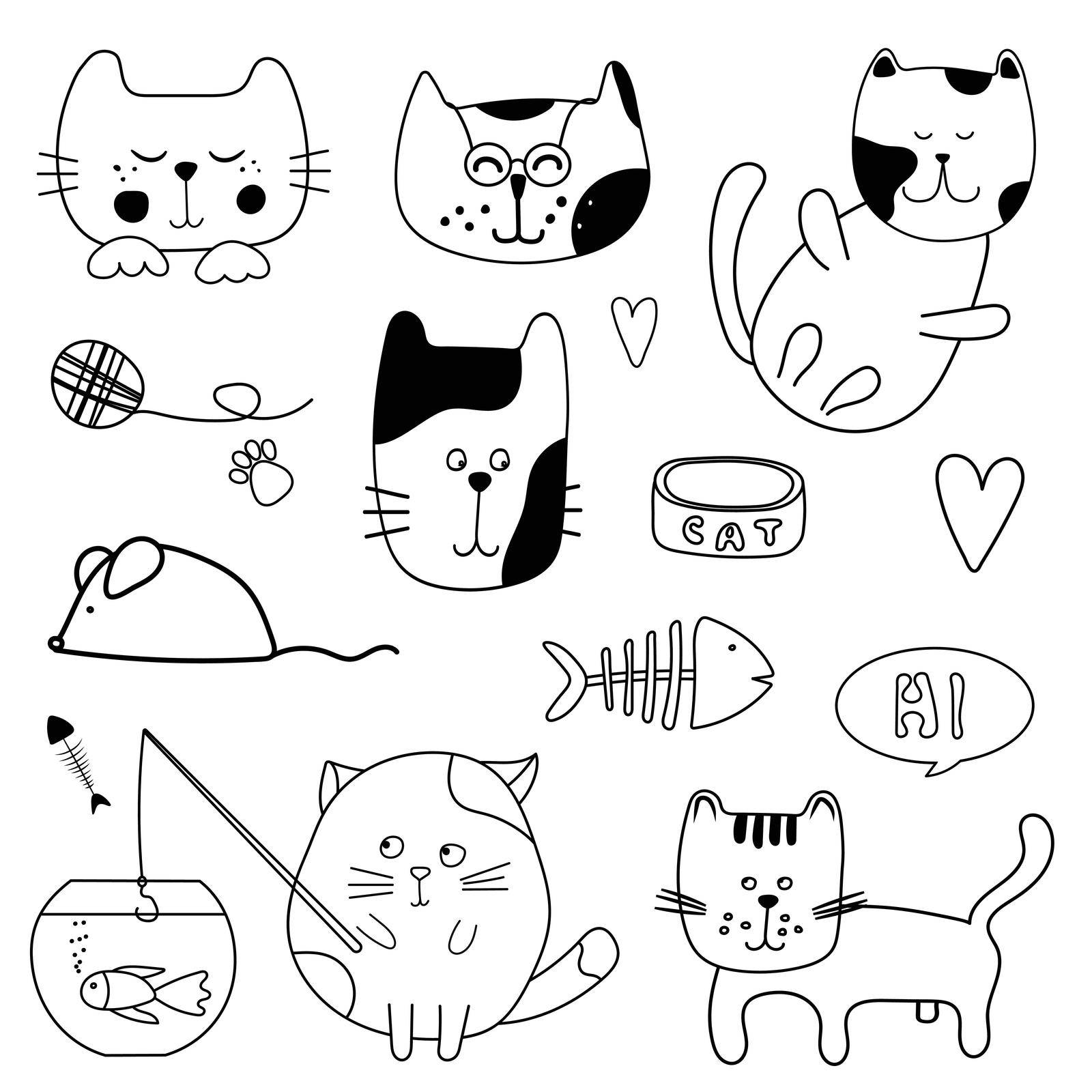 Cute kitty cats cartoon design set with different hair color and stripes. Collection of feline animals kitten drawings