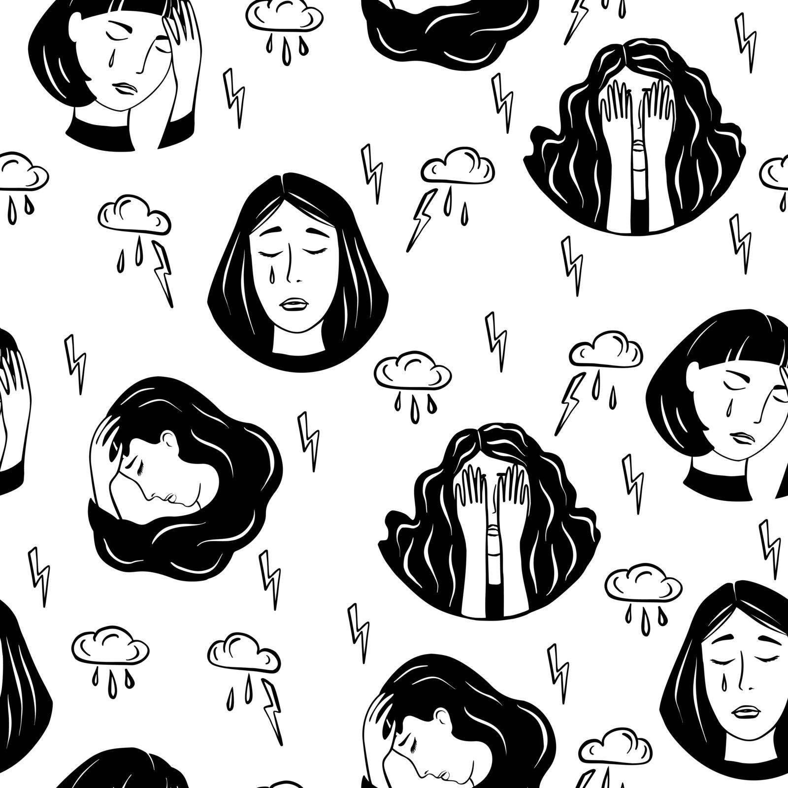 Seamless pattern with depressed, crying and sad girl portraits. Anxiety, mental disorder or violation concept background. Vector illustration