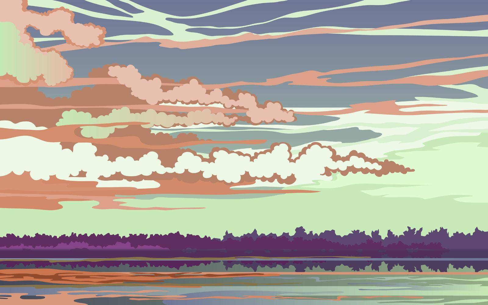 Stylized illustration, evening sunset landscape on the river. Sky with brown clouds on the horizon vector image of nature.