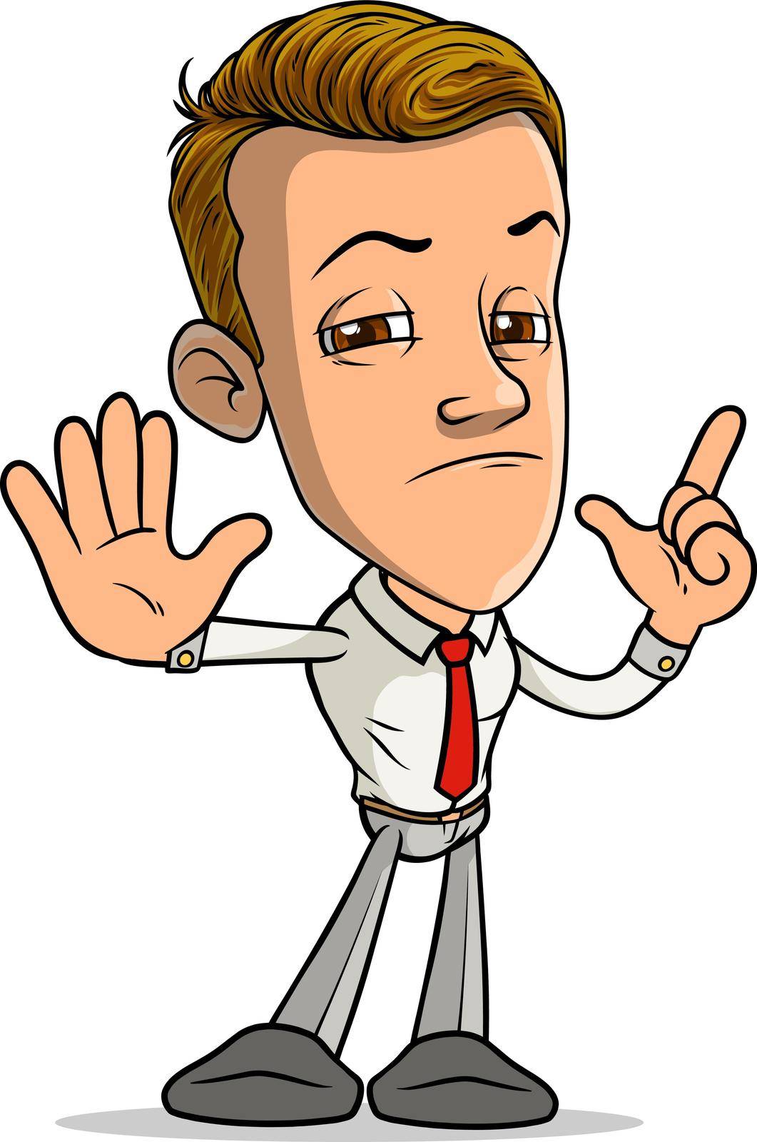 Cartoon brunette standing funny smiling boy character showing stop forefinger up gesture sign with red tie. Isolated on white background. Vector icon.