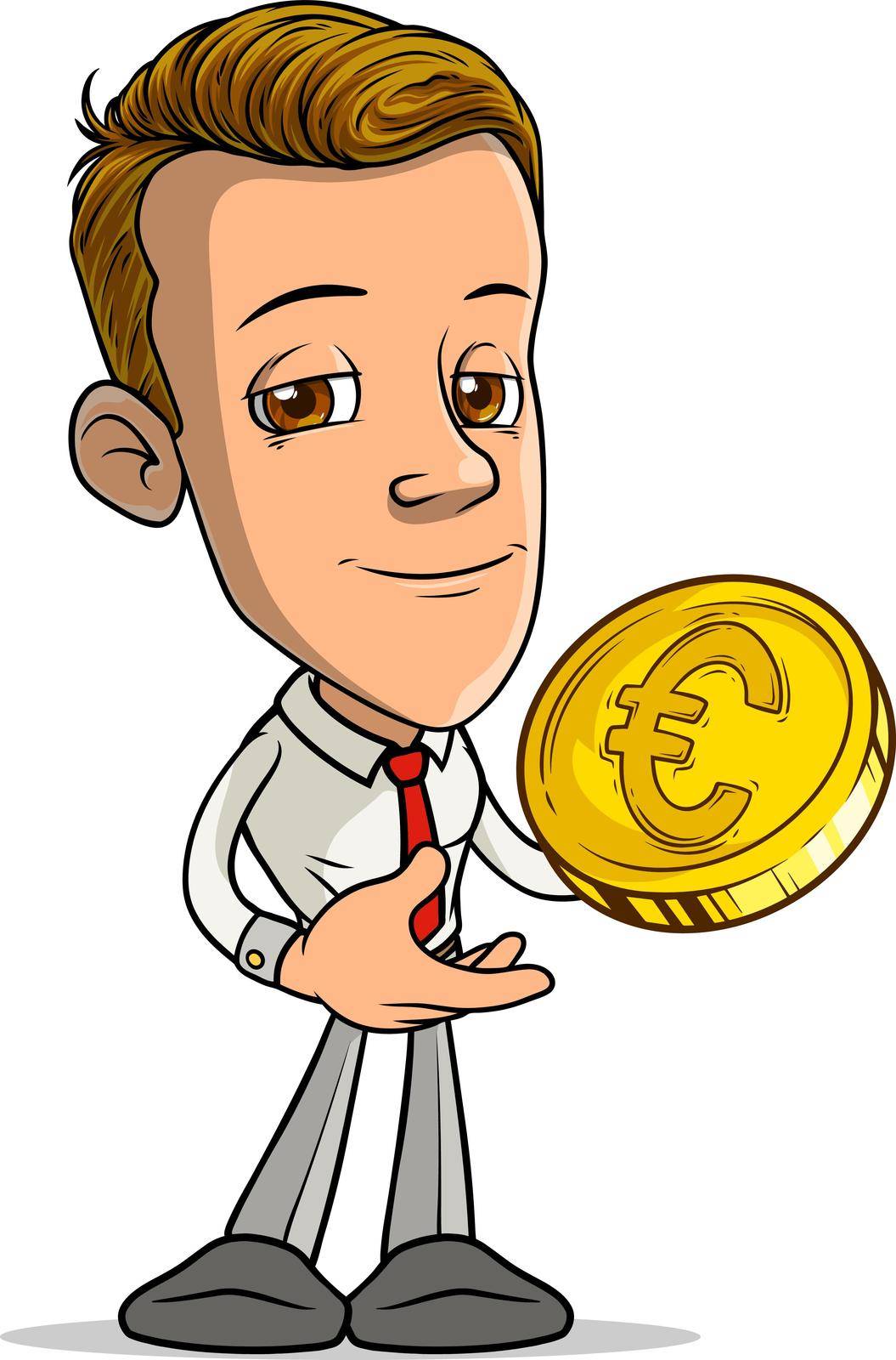 Cartoon brunette standing funny smiling boy character showing ok gesture with golden euro sign coin. Isolated on white background. Vector icon.