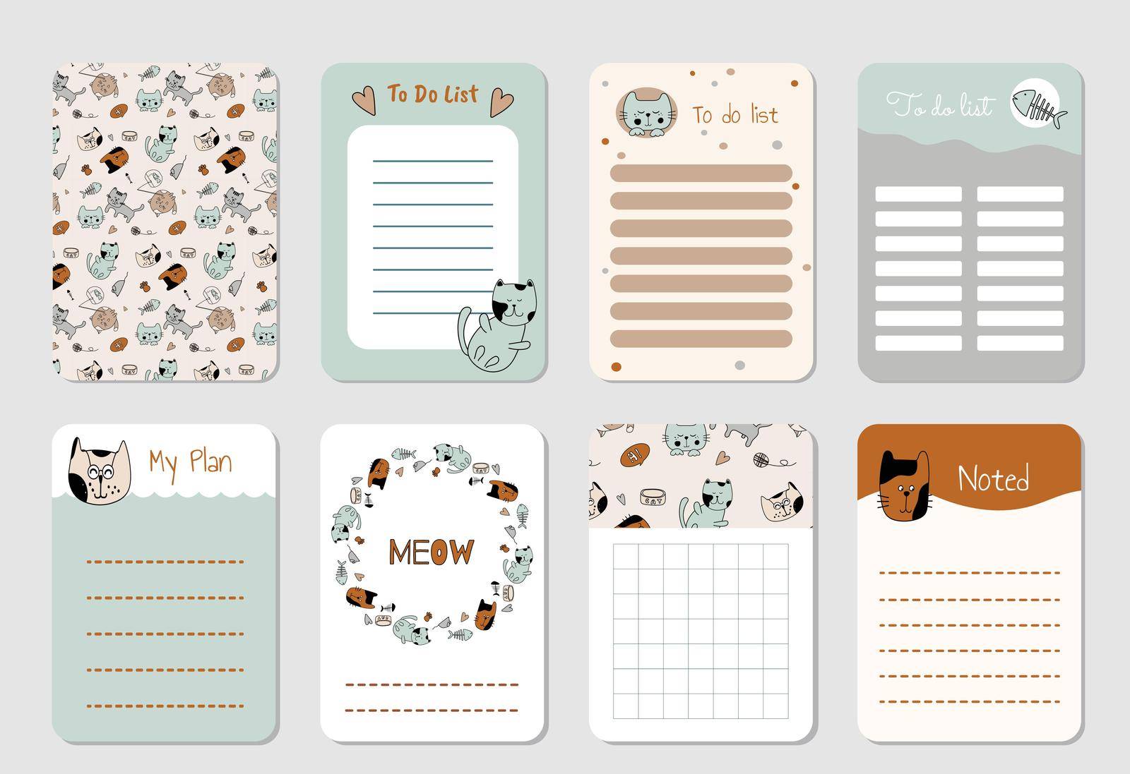 Cartoon kitty cats design vector set of notebook pages for kids. Samples of papers with kitten decoration