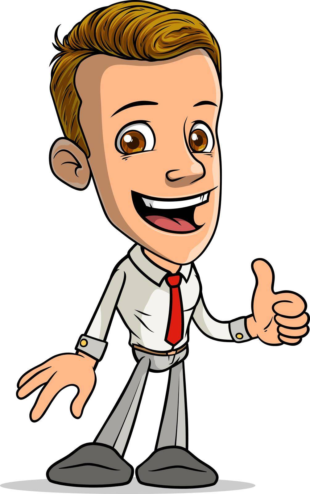 Cartoon brunette standing funny smiling boy character showing thumbs up, like gesture or sign with red tie. Isolated on white background. Vector icon.