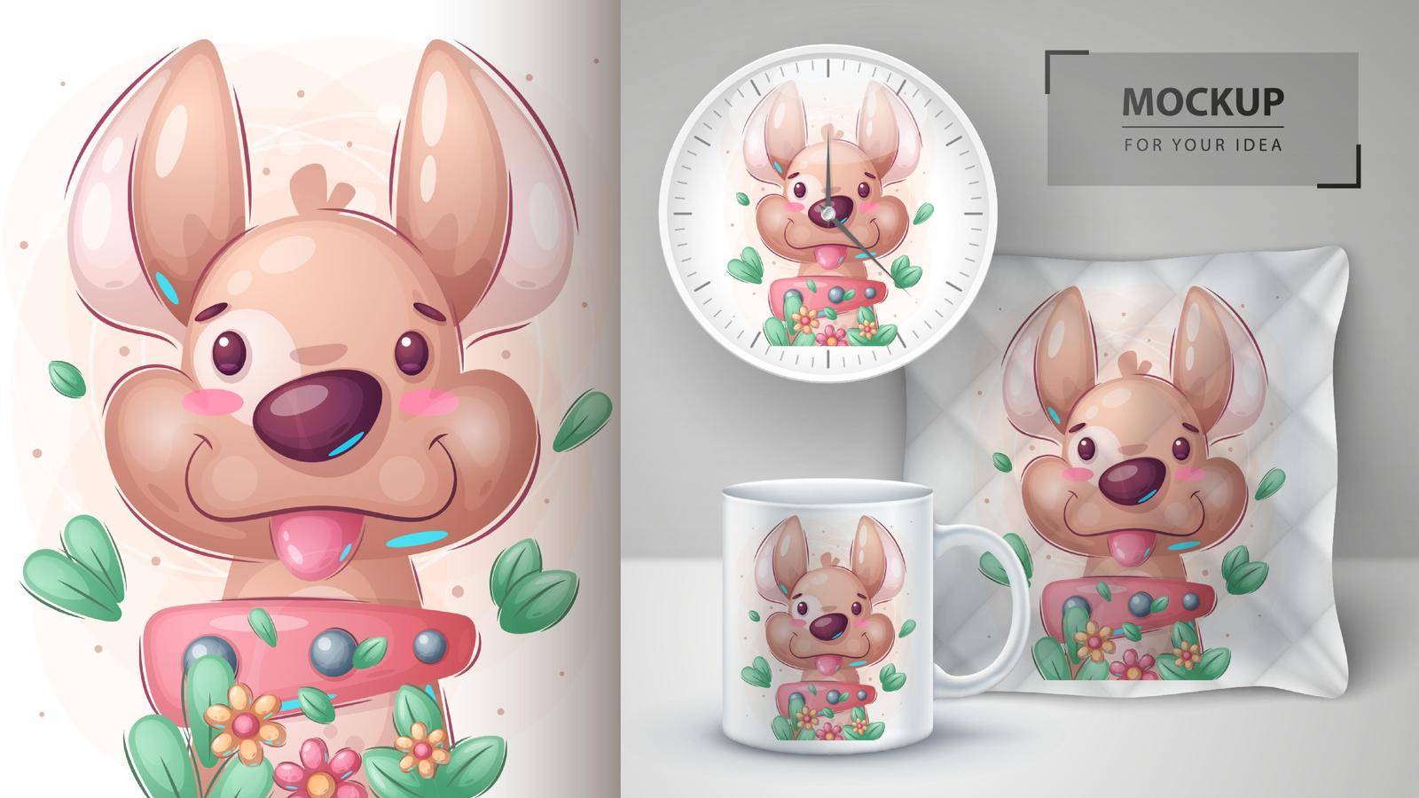 Cute dog in flower - poster and merchandising. Vector eps 10