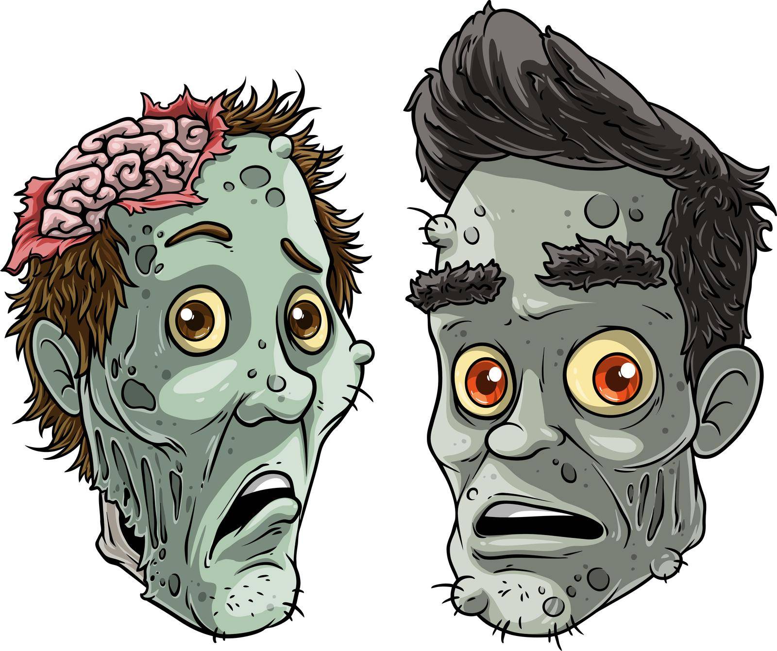 Cartoon colorful angry funny pale dead zombie monsters boy characters with brains. Isolated on white background. Halloween vector icon set.