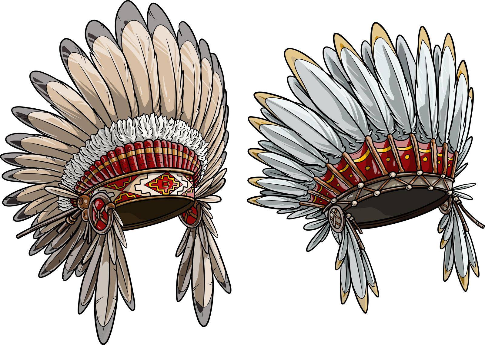 Cartoon detailed colorful native american indian chief headdress with feathers. Isolated on white background. Boho style. Vector icon set.