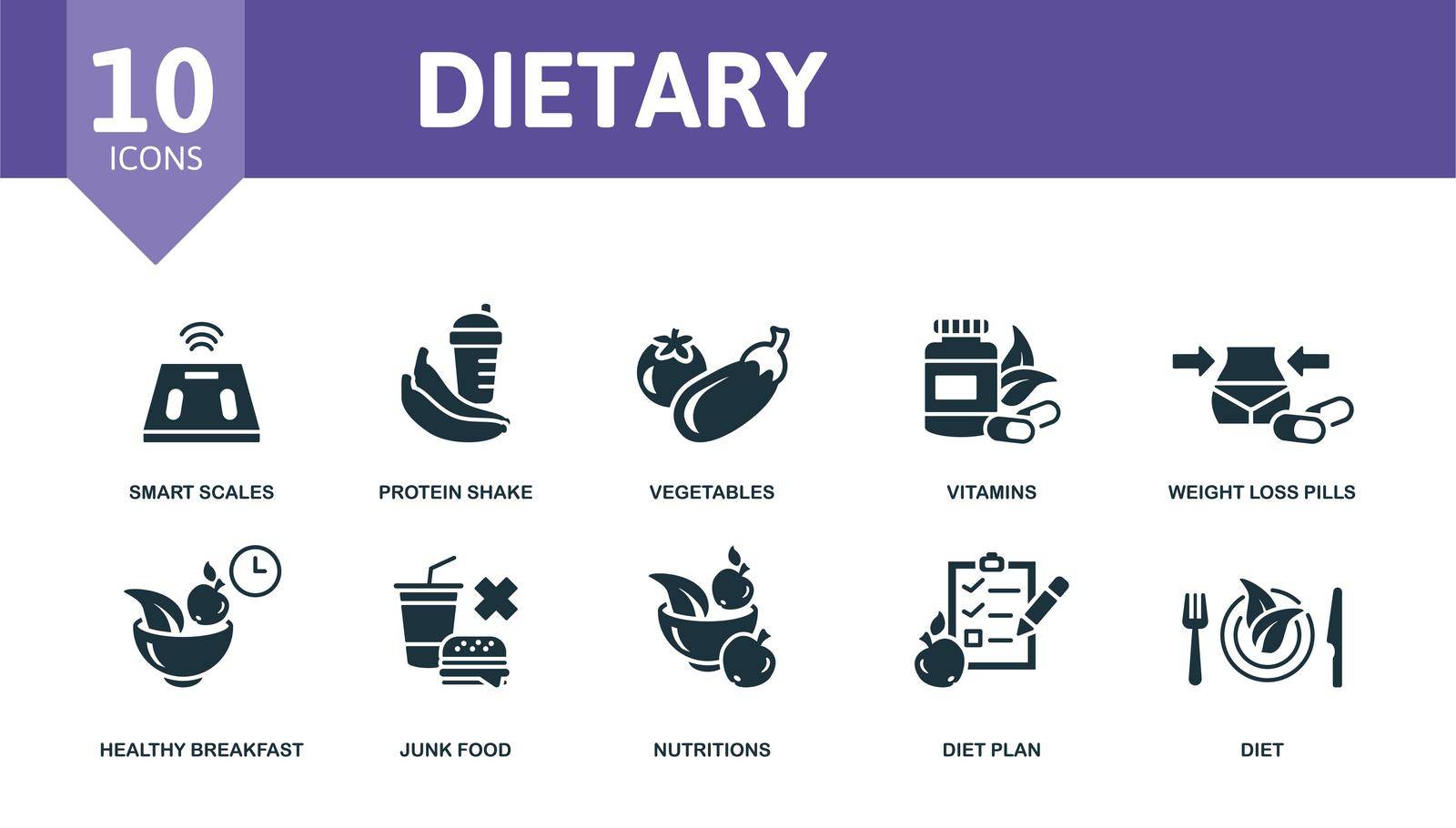 Dietary set icon. Editable icons dietary theme such as smart scales, vegetables, weight loss pills and more. by simakovavector