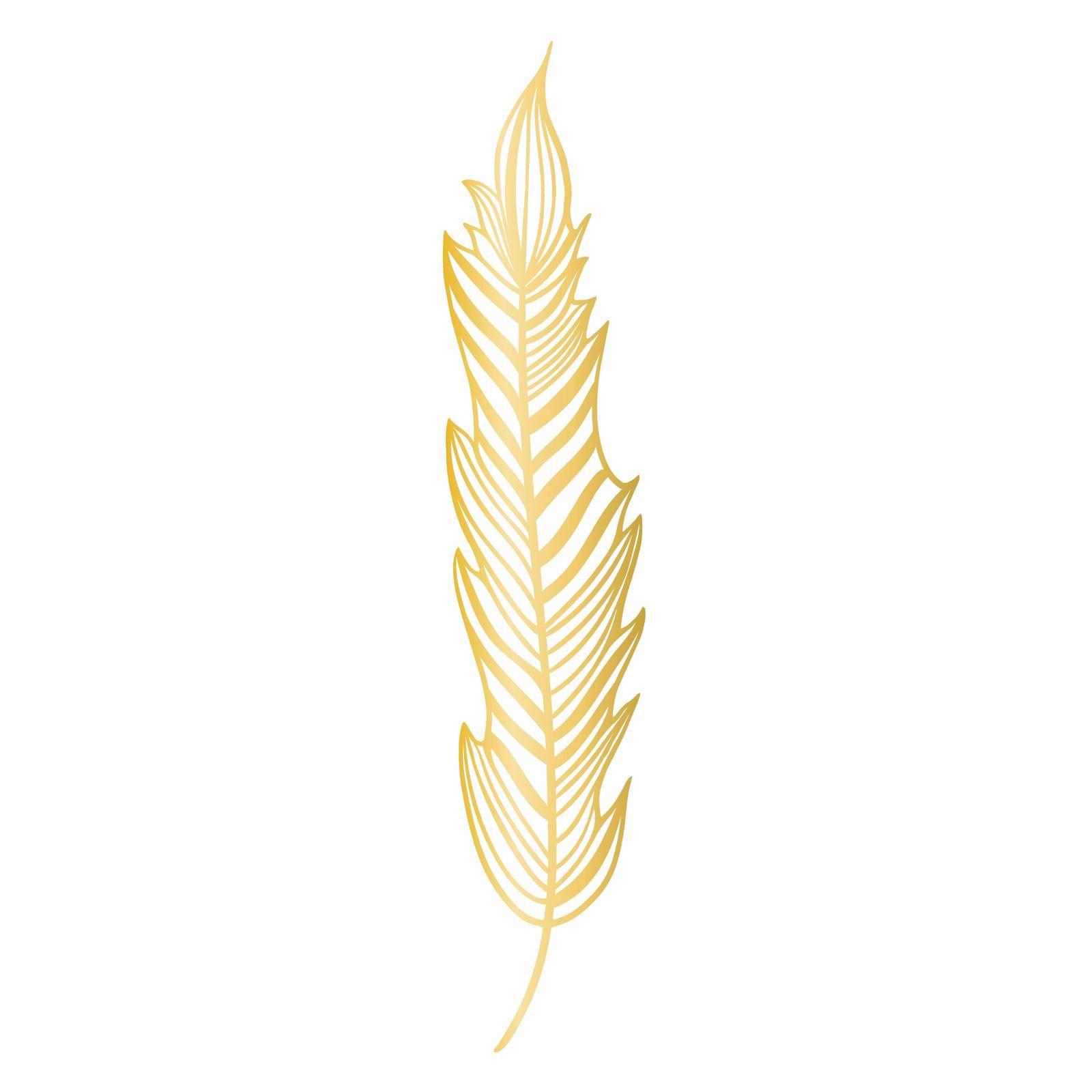 Golden drawn striped feather isolated vector illustration. Beautiful rich gold bird feather. Decoration for postcards, cards and design