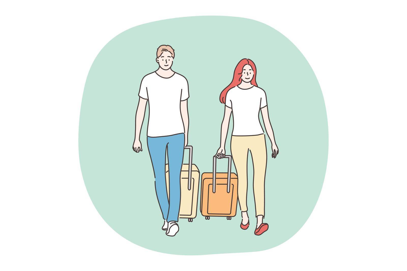 Holiday, travelling, tourism concept. Couple man woman boyfriend girlfriend travelers tourists walk with baggage luggage together. Travel abroad on vacation adventure lifestyle summertime recreation.