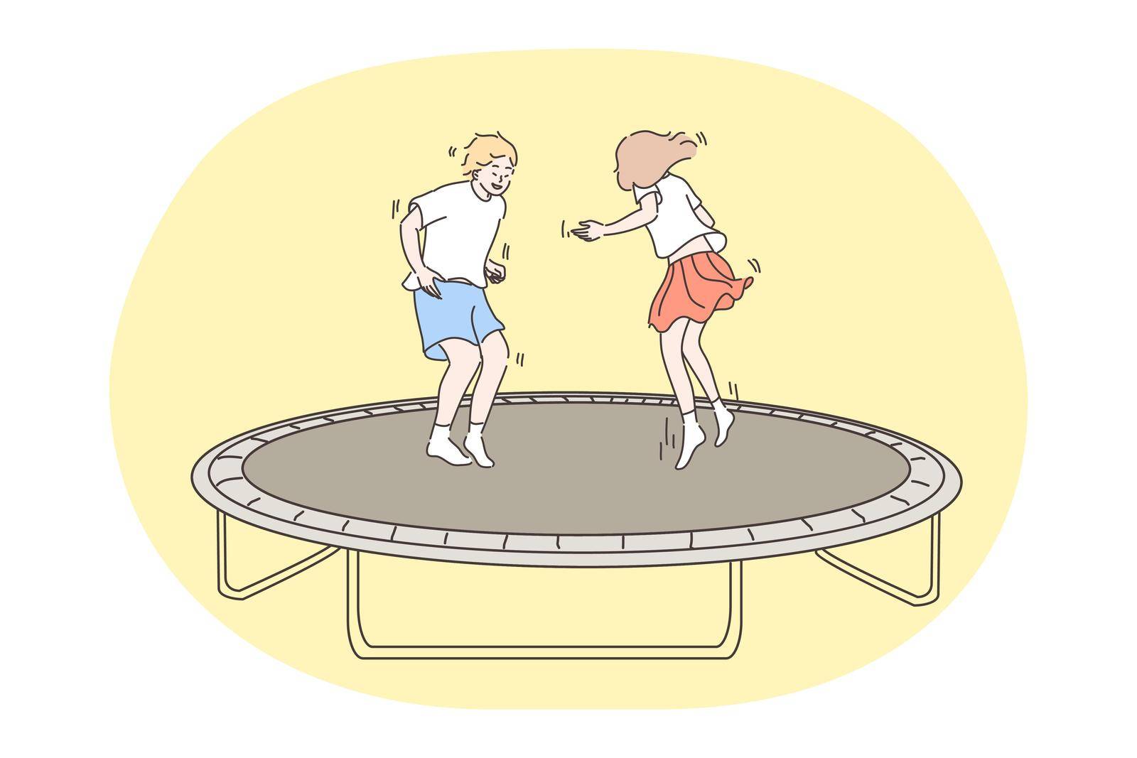 Jumping children, childhood, fun concept. Happy boy girl brother sister kids friends bouncing on trampoline on playground together. Summertime fun leisure activity at weekend holiday illustration.