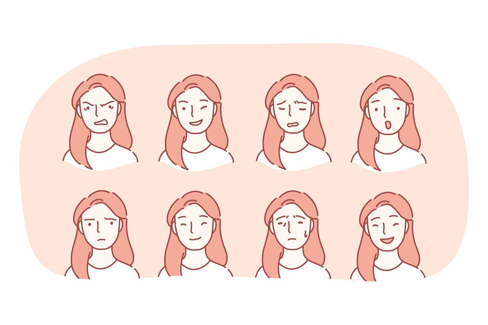 Different emotions and variety of facial expressions concept. Set of female faces expressing various emotions anger, happiness, frustration, surprise, crying, sadness, winking, flirt, grief