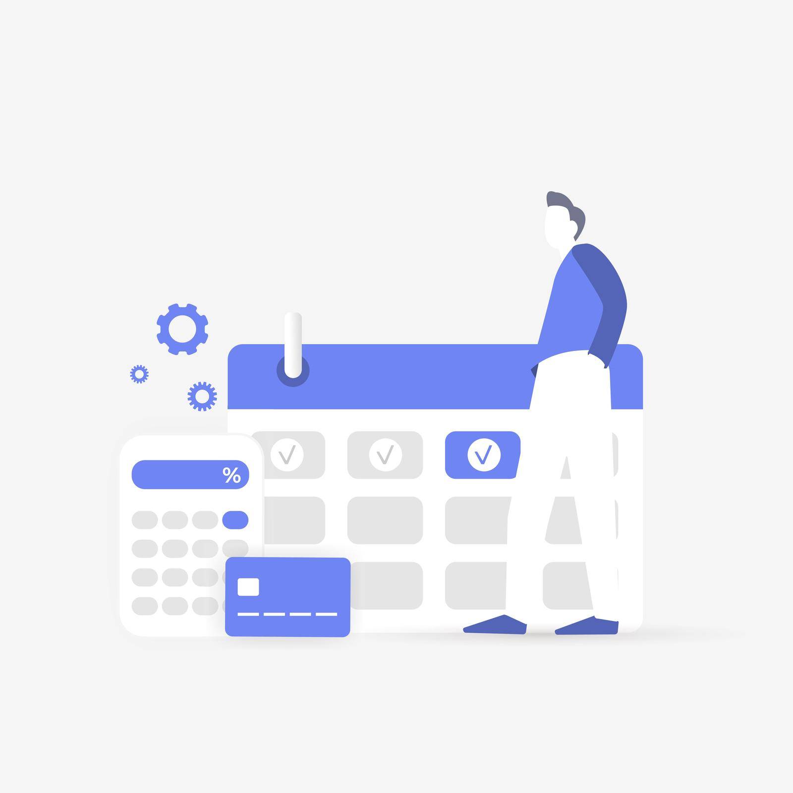Subscription monthly automatic payment concept illustration. Calendar icon with a recurring monthly payment date, calculator and credit bank card. Paid member subscription business model for services.