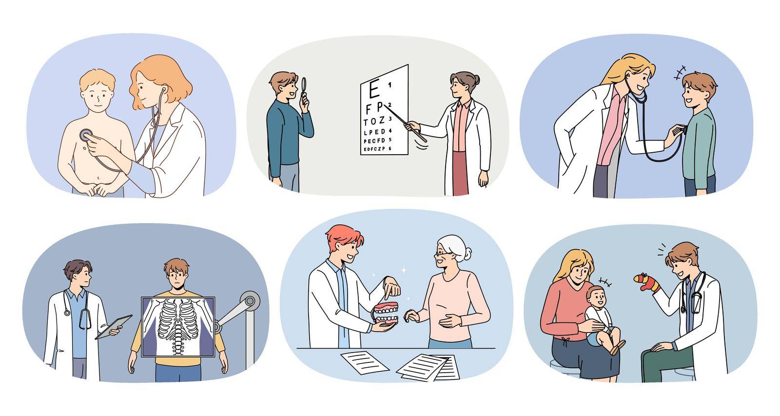 Collection of diverse doctors cure patients in private or public hospital. Set of therapists or medical personnel help sick people in clinic. Healthcare and medicine. Vector illustration.