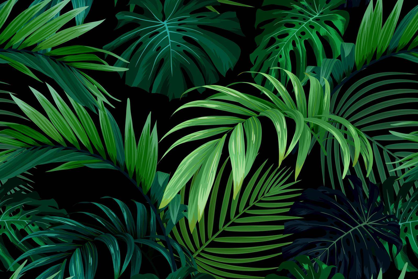 Seamless hand drawn tropical pattern with monstera palm leaves on dark background. Vector illustration.