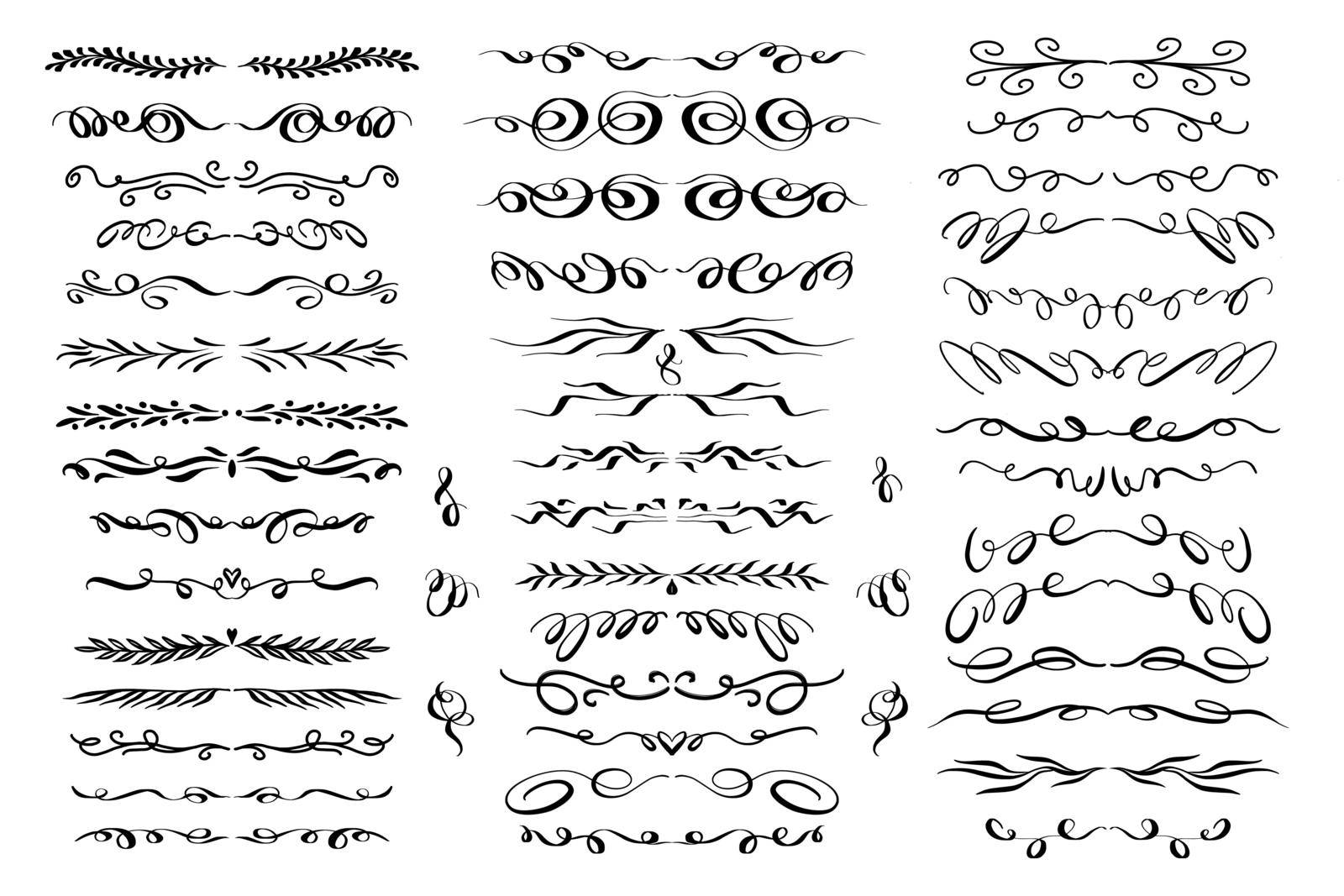 Hand drawn doodle ornamental dividers and borders set. Collection of vector calligraphic design elements. Vector illustration