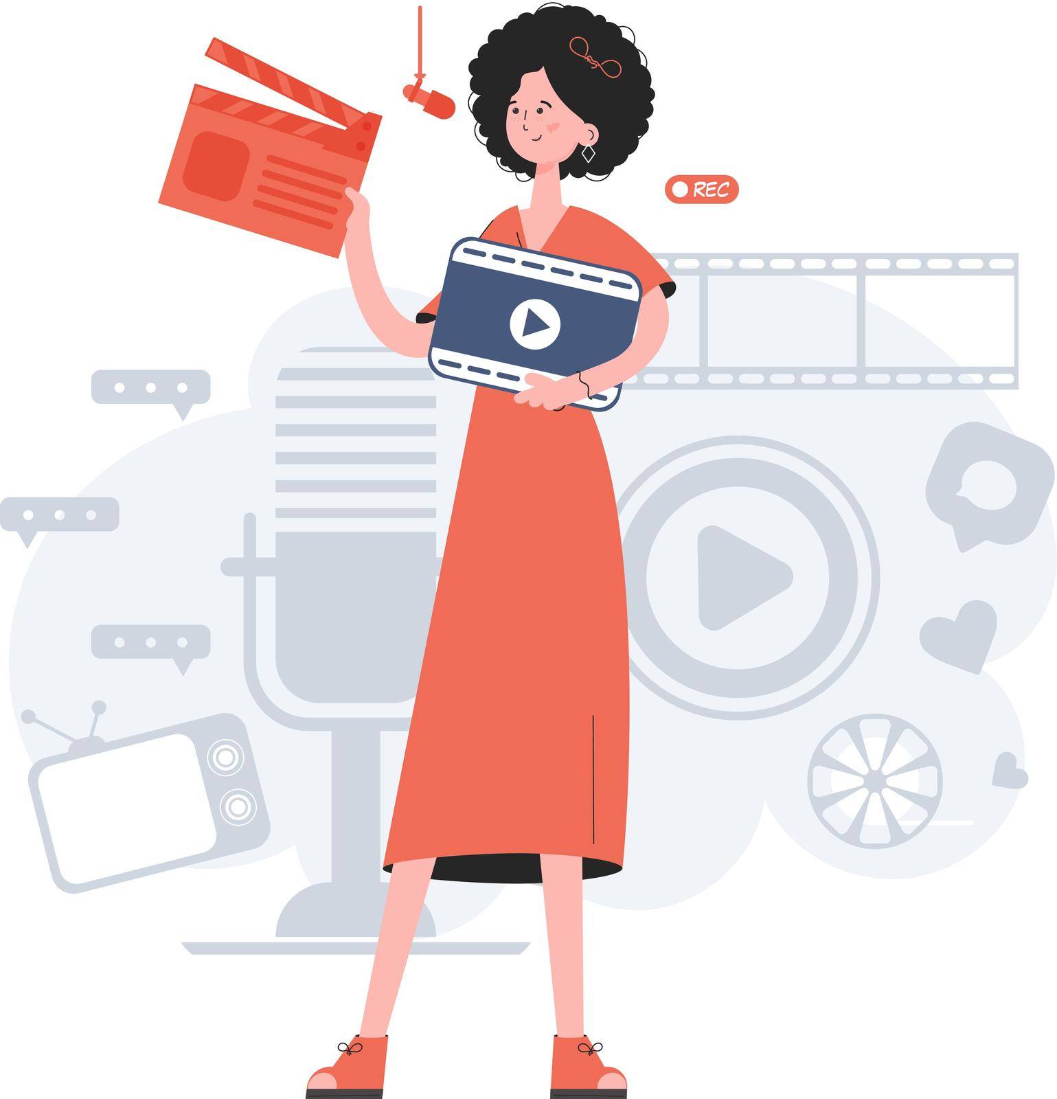Stylish woman stands in full growth with an open clapperboard. Blogging. Element for presentations, sites. Vector illustration